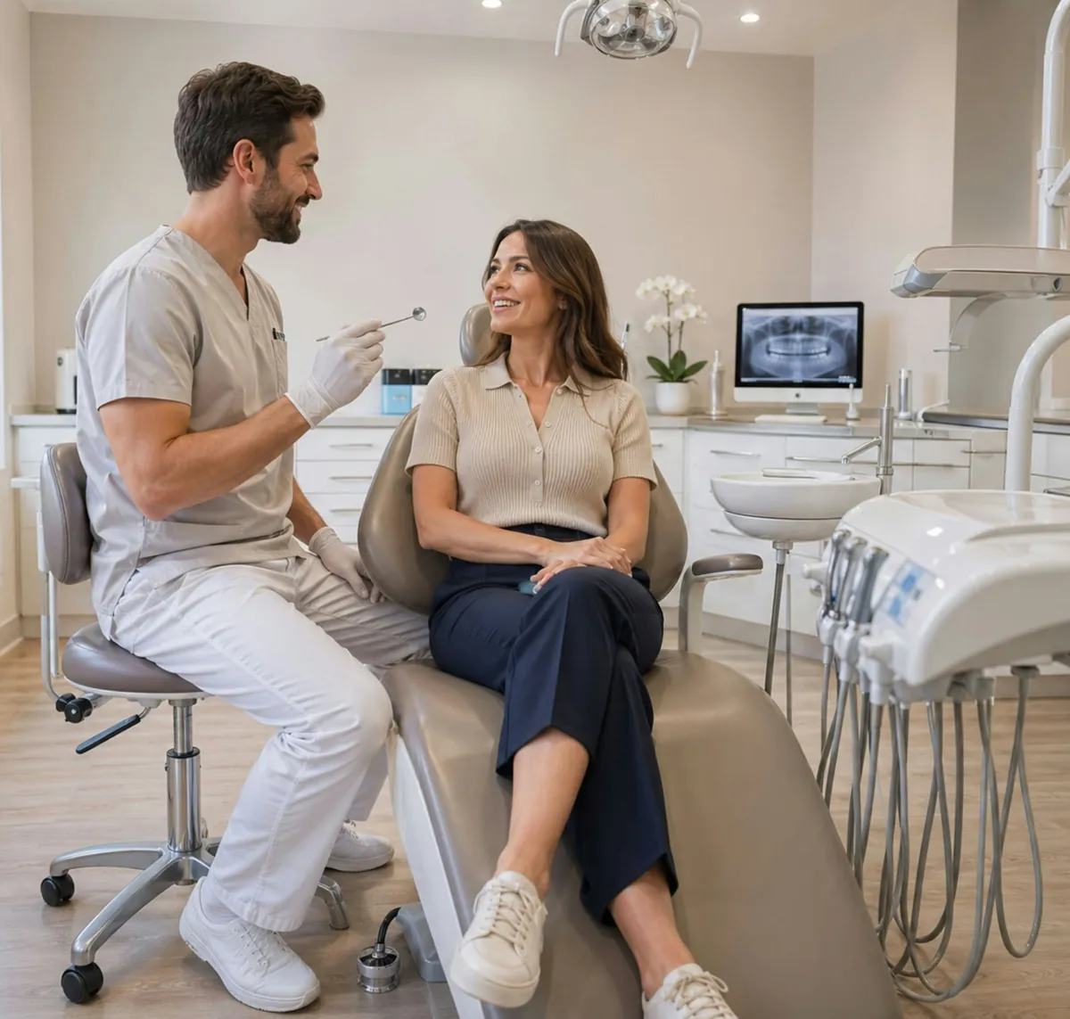 Dentist talking with a smiling patient in a bright clinic