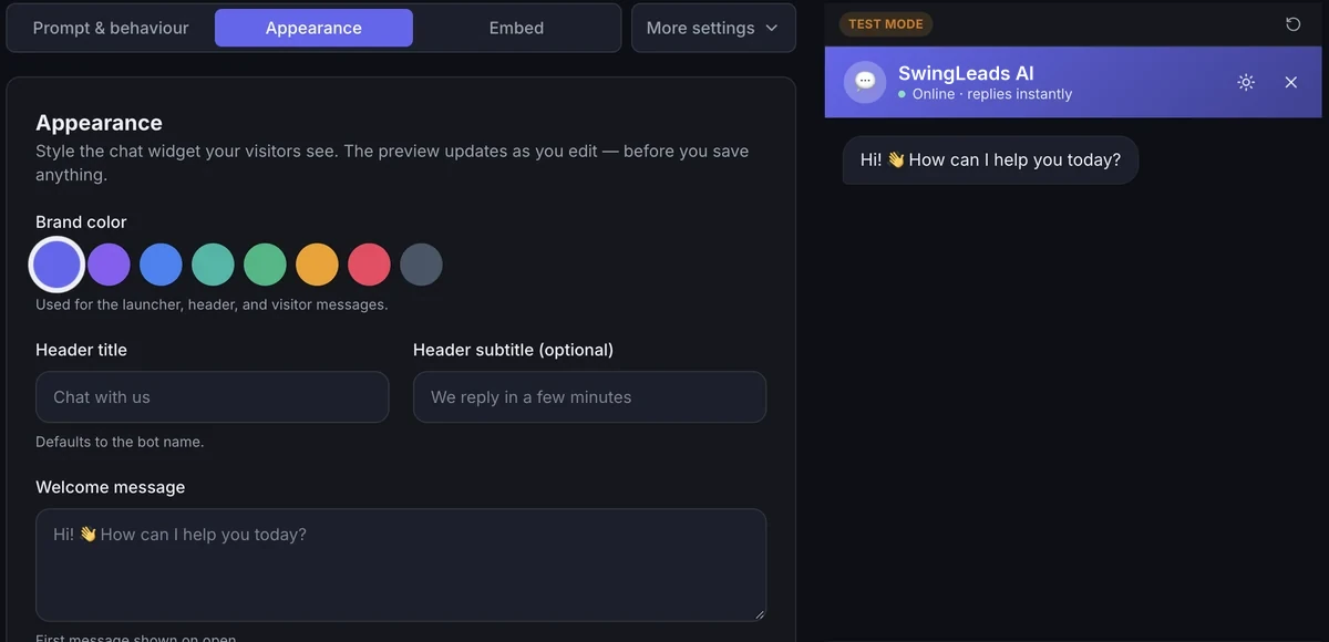 SwingLeads appearance settings with brand colours, header and welcome message, next to a live preview of the chat widget